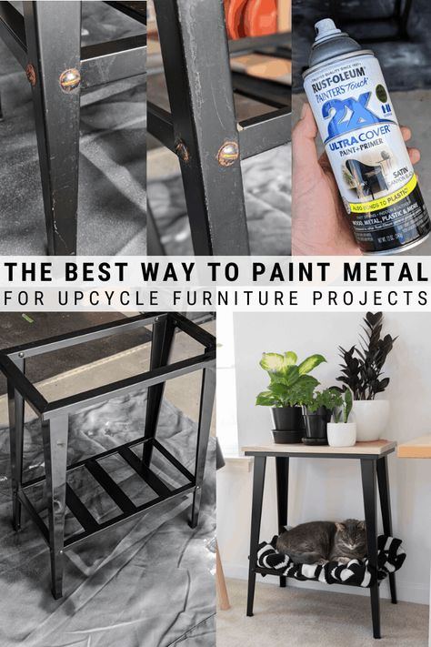 Learn how to spray paint metal, including how to prep metal for spray paint, as well as how to drill through metal using a regular cordless drill! Best Spray Paint For Metal, Painting Metal Table Legs, Spray Paint Metal Furniture, Spray Paint Metal Shelves, Best Black Spray Paint For Metal, Paint For Metal Surfaces, How To Paint Metal Chairs, Black Spray Paint Ideas, How To Spray Paint Metal