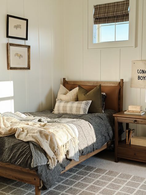 Boys Neutral Bedding, Boys Plaid Bedding, Mcgee And Co Boys Bedroom, Twin Bed Boy Room, Classic Modern Rustic Bedroom, Boys Bedding Ideas Kids, Mcgee And Co Kids Room, Amber Interiors Kids Room, Boys Lake House Bedroom