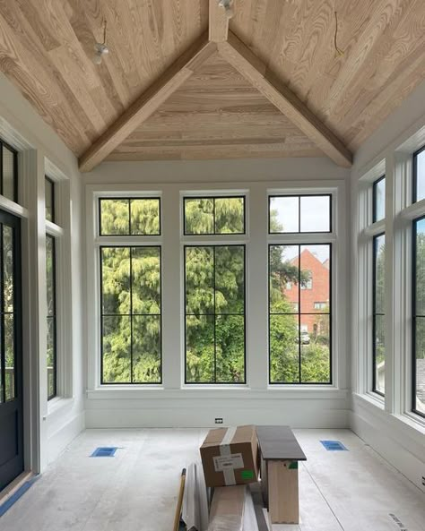 American Vernacular on Instagram: "checking in on this future dining room 😍 🔨: @cbelrodcompany #sitevisit #historiccharleston #ilovewindows #ilovemyjob #vaultedceiling" Dining Room All Windows, Vaulted Ceiling Sunroom Exposed Beams, Vaulted Ceiling Living Room Before After, Windows With Vaulted Ceiling, Windows On Back Of House, Dining Room Windows All Around, Dining Room With A View, Vaulted Ceiling With Windows, Hip Vault Ceiling