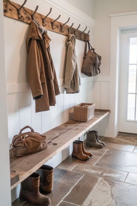 Small Farmhouse Interior Design, Rustic Farmhouse Interior Ideas, Mud Room Living Room Combo, No Mud Room Solutions, Country Home Renovation Ideas, Garage Entry Mudroom, Garage Mud Area, Artic Entry Ideas, Mud Room Coat Hook Ideas