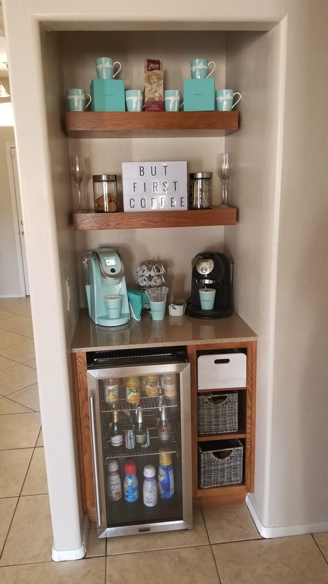 Coat closet turned Tiffany coffee bar ❤❤❤ Kitchen Closet Coffee Bar, Closet Beverage Station, Coffee Bar Ideas In Bedroom, Turn Pantry Into Coffee Bar, Coffe Closet, Closet Coffee Station, Tiny House Coffee Bar, Coffee Bar Ideas In Closet, Coffee Bar Ideas In Pantry