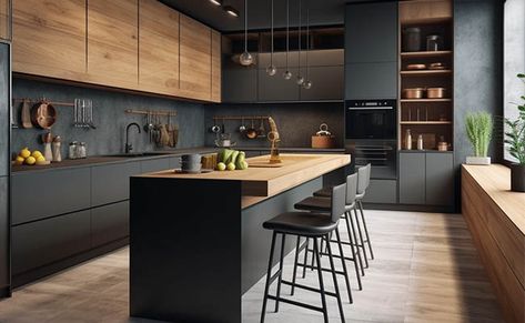 Anthracite Kitchen Ideas, Grey Modern Kitchen Cabinets, Dark Grey Kitchens, Charcoal And Wood Kitchen, Dark Grey Kitchen Walls, Grey And Wood Kitchen Modern, Modern Light Grey Kitchen, Grey And Oak Kitchen, Dark Grey And Wood Kitchen