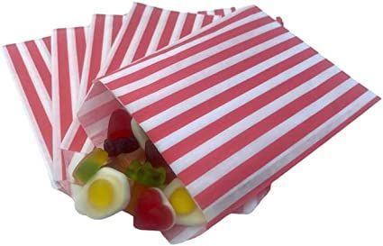 Candy Stripe Red Sweet Bags - 5" x 7"/ 125mm x 175mm - Pack of 50 : Amazon.co.uk: Home & Kitchen Popcorn Bags Wedding, Paper Sweet Bags, Popcorn Wedding Favors, Cake Portions, Plastic Store, Camping Festival, Small Paper Bags, Red White Stripes, Small Crafts