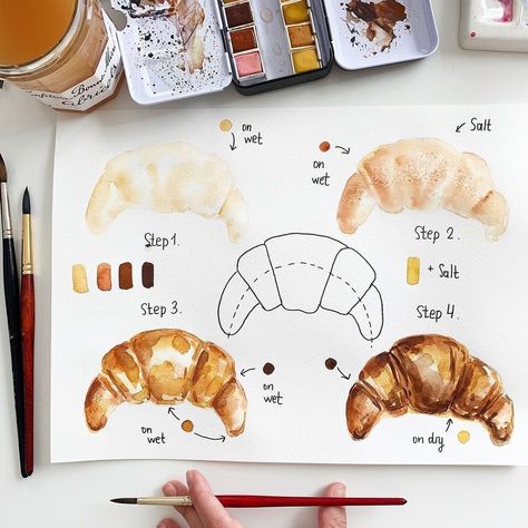 🖌WATERCOLOR BLOG#1🖌 on Instagram: “Delicious croissant step by step by @dearannart Amazing art! Agree? YES\NO Best watercolor: @watercolor_guide Use our tag:…” Watercolour Food, Watercolor Food Illustration, Recipe Book Design, Food Art Painting, Food Tutorials, Best Watercolor, Watercolor Blog, Art Sketches Doodles, Food Artwork