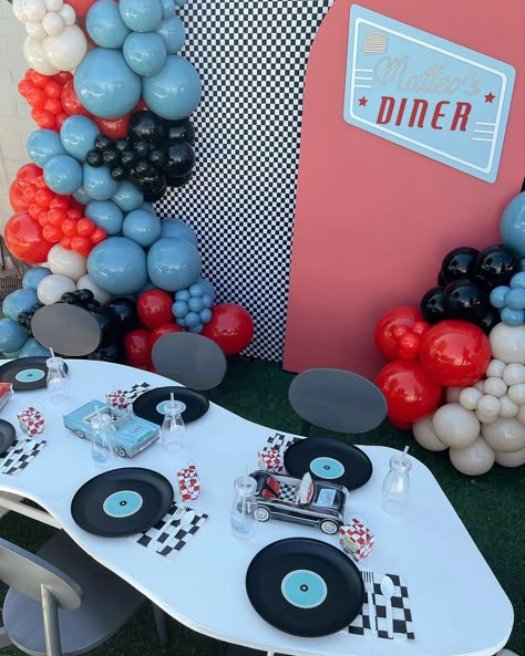 c r e a t e & i n f l a t e | order up — at Matteo’s Diner •• we loved this unique retro drive-in theme for a birthday ♥️ Design & Coordination: @createandinflateevents… | Instagram 1950s Birthday Party Theme, Tri Delta Philanthropy, Retro Theme Party Decoration, 1950s Party Decorations, Sci Fi Party, Grease Themed Parties, Carpet Ball, Grease Theme, Retro Theme Party