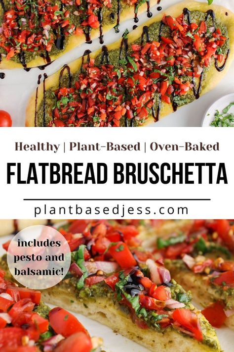 View on a vegan flatbread bruschetta on parchment paper. Bruschetta Dinner, Vegan Flatbread Recipes, Pesto Flatbread Pizza, Pesto Bruschetta, Vegetarian Flatbread, Tomato Topping, Flatbread Toppings, Vegetable Flatbread, Pesto Flatbread