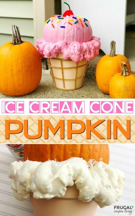 This would be even cuter with a small pumpkin! Ice Cream Cone Pumpkin, October Birthday Parties, Pumpkin Tutorial, No Carve Pumpkin, Creative Pumpkin Decorating, No Carve Pumpkin Decorating, Pumpkin Decorating Contest, Pumpkin Decorating Ideas, Pumpkin Ice Cream