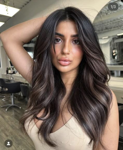 Root Smudge Black To Brunette, Dark Brown Hair Balayage Long Curtain Bangs, Low Dimensional Brunette, Caramel Chocolate Balayage, Cool Highlights On Dark Hair Brunettes, Dimensional Dark Brown Balayage, Halo Highlights Black Hair, Balayage Babylights Brunette, Ashy Chocolate Brown Hair Balayage