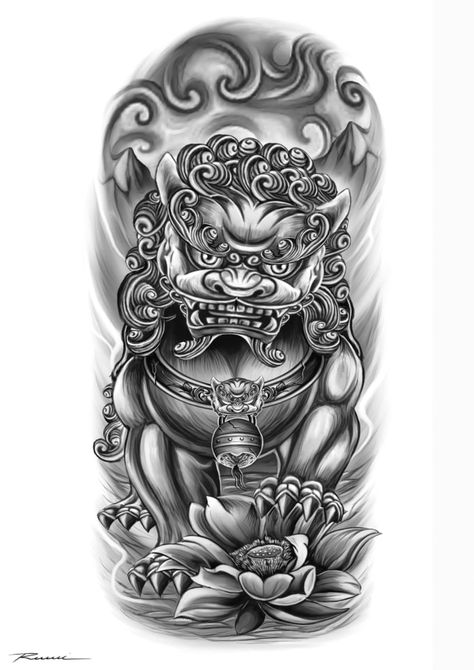 Japanese Foo Dog Tattoo Design Sleeve, Chinese Foo Dog Tattoo Design, Foo Dog Tattoo Design Forearm, Foo Dog Half Sleeve Tattoo, Foo Dogs Tattoo Design, Chinese Lion Tattoo Design, Foo Dog Tattoo Design Sleeve, Female Foo Dog Tattoo, Japanese Fu Dog Tattoo Design