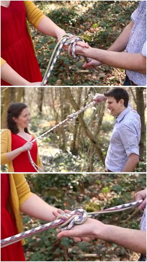 Three frames of a couple (a brunette, caucasian male presenting figure wearing a blue shirt and a brunette, caucasian female presenting figure wearing a red dress with a mustard yellow sweater) stand in a forest demonstrating the infinity knot method of tying handfasting cords using three pieces of paracord (one tan, one red, and one with an alternating pattern of blue and white). Hand Fasting Infinity Knot, Wedding Ceremony Knot Tying, Nordic Handfasting Ceremony, Infinity Knot Handfasting, Hand Tie Ceremony, How To Tie A Handfasting Knot, Handfasting Infinity Knot, Tie The Knot Ceremony, Binding Of Hands Ceremony