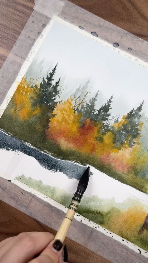 Art By Paul Clark, Watercolour Inspiration Landscape, Fall Tree Watercolor Painting, Watercolor Mountains Tutorial, Rainy Art, Loose Watercolor Landscape, Simple Watercolor Landscape, Rainy Day Nature, Aquarel Painting