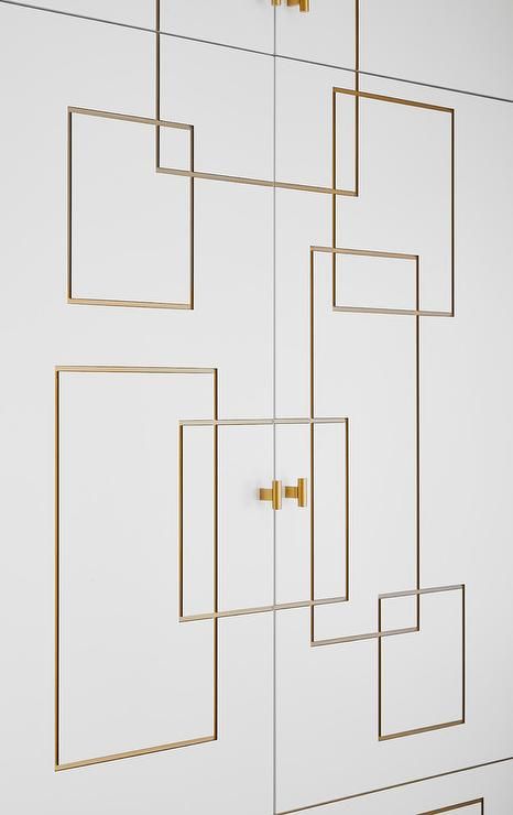 White wardrobe cabinets with geometric gold trim add a warm, glowing contrast along with gold leaf drawer hardware. Floor To Ceiling Wardrobes, Gold Wardrobe, Wardrobe Laminate Design, Wardrobe Design Modern, Wardrobe Door Designs, White Wardrobe, Wardrobe Designs, Bedroom Closet Design, Wardrobe Design Bedroom