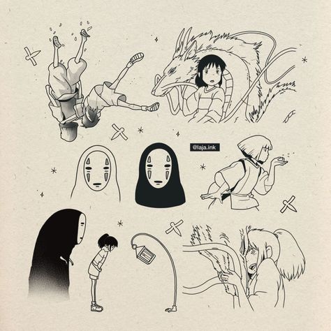 Anime Inspired Tattoos Studio Ghibli, Studio Ghibli Tattoo Flash, Haku And Chihiro Tattoo, Chihiro Drawing, Studio Ghibli Flash Tattoo, Hayao Miyazaki Tattoo, No Face Tattoo, Ghibli Tattoo Ideas, Miyazaki Tattoo