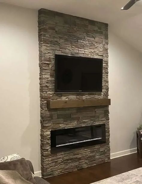 How To Make A Stone Fireplace, Stone Around Electric Fireplace, Stone Faux Fireplace, Fireplace Mantle On Stone Wall, Diy Electric Fireplace Stone, Diy Faux Stone Wall Interior, Faux Stone Fireplace Wall, Faux Rock Fireplace, Faux Stone Fireplace Makeover