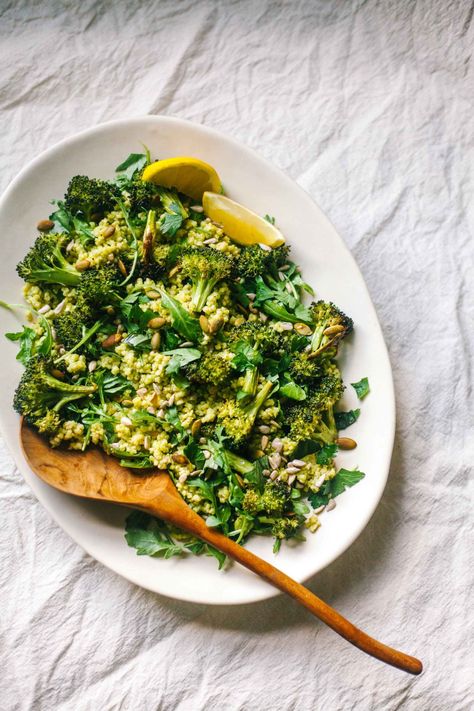 BASIL-LEMON SCENTED MILLET WITH ROASTED BROCCOLI - Wholehearted Eats Lectin Free Recipes, Aussie Food, Millet Recipes, Lectin Free, Food Addict, Veggie Stock, Vegan Salads, Vegan Sides, Australian Food