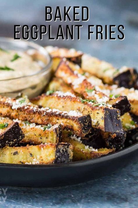 These super tasty Baked Eggplant Fries are a delicious and healthy version of French fries that will satisfy family and impress guests! With a crispy outside and tender inside, this upscaled version of the classic side is filling and yummy. Serve with a flavorful homemade chipotle basil dip on the side for the ultimate flavor combination! You’ll never go back to regular fries again once you try these. #bakedeggplantfries #sauceforfriedeggplant #sauceforroastedeggplant #eggplantrecipe #roastedegg Keto Eggplant Fries, Eggplant Fries Recipes, Baked Eggplant Fries Recipes, Crispy Eggplant Fries, Yummy Eggplant Recipes, Fried Eggplant Fries, Eggplant Fries Baked, Oven Roasted Eggplant Recipes, Eggplant Fries Air Fryer