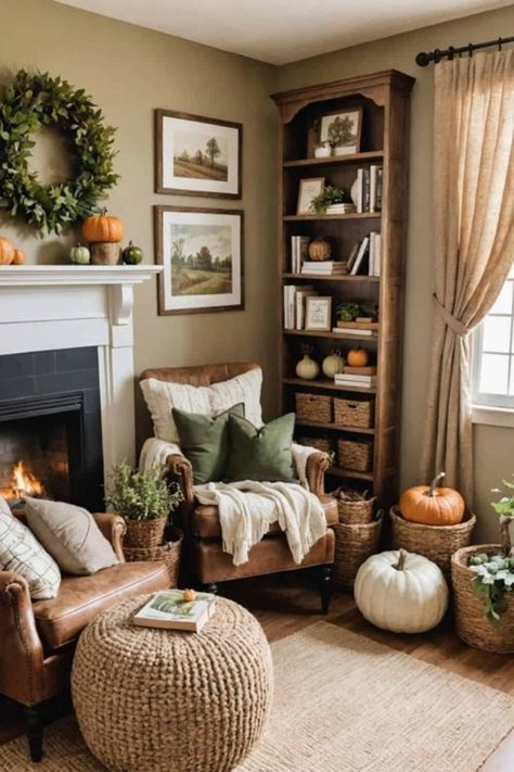 Cozy Autumn Vibes: Fall Decor Ideas - West Magnolia Charm Autumnal Decor Living Room, Brown Leather Couch Fall Decor, Cottage Style Fall Decor, Rooms With Colored Walls, Fall Home Living Room, Cozy Fall Mantle Decor, Farmhouse Reading Room Ideas, Old Country Home Decor, Living Room Designs Old Style