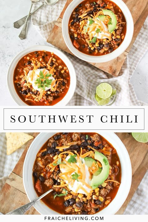 Southwest Chili Recipe, Mexican Chili Recipe, Food Cravings Healthy, Southwest Chili, Jackfruit Carnitas, Crockpot Foods, Fraiche Living, America Recipes, Chili Recipe Healthy