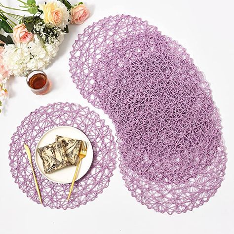 Purple Round Table Settings, Purple And Lilac Table Setting, Round Table Wedding Decor Purple, Purple Charger Plates, Purple Napkins Place Settings, Purple Table Decorations, Purple Table Settings, Purple Ideas, Gold Sequin Tablecloth