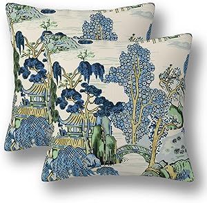 Churent Chinoiserie Pillow Covers 18 x 18 Set of 2 Asian Scenic Linen Throw Pillow Cover Vintage Blue and Green Farmhouse Decorative Pillowcases for Living Room Couch Bed Sofa Outdoor Serena And Lily Home, Boarding School Room, Chinoiserie Bedroom, Pillowcase Ideas, Chinoiserie Pillow Covers, Chinoiserie Pillow, Green Chinoiserie, Blue And White Pillows, Green Pillow Covers