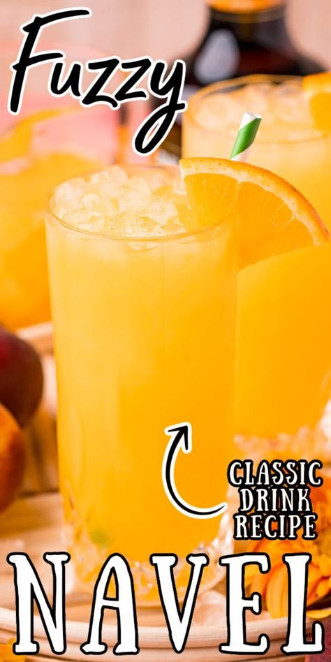 This Fuzzy Navel is a light, refreshing easy to make cocktail that's made with just 2 ingredients; orange juice and peach schnapps! Orange Alcoholic Drinks, Fuzzy Navel Drink, Peach Schnapps Drinks, Alcoholic Fruit, Peach Cocktail Recipe, Orange Juice Drinks, Fruity Alcohol Drinks, Easy Alcoholic Drinks, Fuzzy Navel