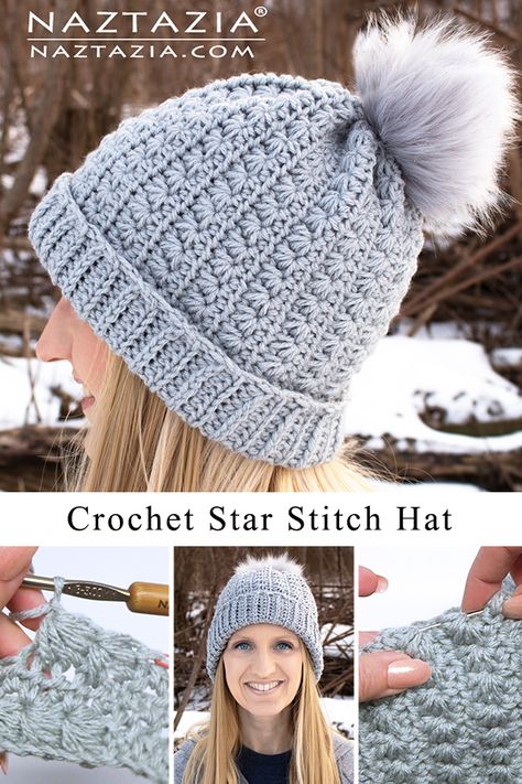 How to Crochet the Star Stitch Hat - Naztazia ® Crochet Star Stitch, Hats Pattern, Stitch Hat, Crochet Winter Hats, Easy Crochet Hat, Crochet Star, Crochet Hat Patterns, Crochet Beanies, Crochet Hat Free