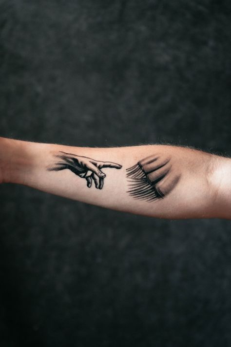 God Of Hills And Valleys Tattoo, Exceedingly Abundantly Tattoo, God Like Tattoos, Tattoo Of Hands Reaching, Christian Hand Tattoos For Guys, Biblical Hand Tattoos, Talitha Cumi Tattoo, Hem Of His Garment Tattoo, Leave The 99 Tattoo