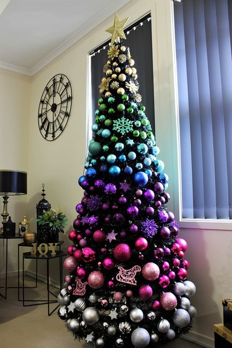 Ombre Christmas Tree, Glamorous Christmas Tree, Rainbow Christmas Tree, Christmas Tree Decorating Ideas, Purple Christmas Tree, Tree Decorating Ideas, Fake Christmas Trees, Rainbow Christmas, Christmas Tree Decorating