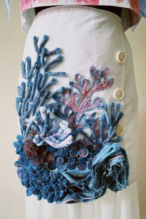 underwater inspired fashion texture from waste pieces Underwater Textile Art, Sea Life Fashion Inspiration, Fashion Final Piece, Ocean Fashion Inspiration, Biomimicry Fashion Design, Ocean Textile Art, Underwater Inspired Fashion, Ocean Themed Textiles, Textile Waste Fashion