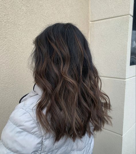 Brunette Balayage Medium Hair, Hair Low Maintenance Color, Brown W Lowlights, Mushroom Brown Hair On Black Hair, Melted Brown Hair Balayage, Dark To Medium Brown Balayage, Dark Brown Hair Shadow Root, Low Maintenance Dark Balayage, Dark Brown Hair Mushroom Balayage