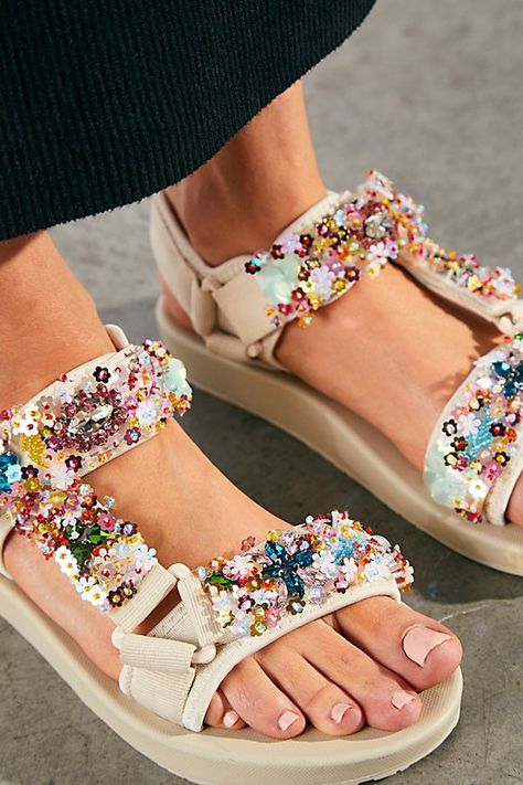 Nan-ku Sun Showers Sport Sandals - White | Editorialist Sporty Sandals, Stylish Running Shoes, Sequin Sandals, Diy Sandals, Beaded Shoes, Sporty Sandal, Sandals Outfit, Beaded Sandals, Sport Shoes Women