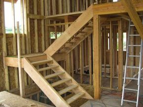 How to Build Stairs from the BobVila.com website. Formula to determine the rise and run of each step. Adding Stairs To House, Building Stairs Interior, Stairs With Landing In Middle, Adding Stairs To Attic, Log Stairs, Build Stairs, Loft Plans, Garage Stairs, Cabin Loft