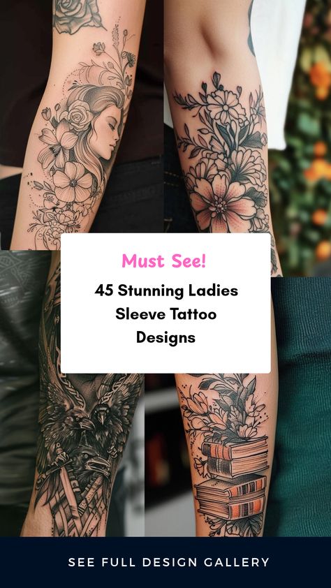 An inspiring image showcasing 45 stunning ladies sleeve tattoo designs. This pin features various tattoo styles including floral and mythical elements. It highlights creative ways women express themselves through beautiful sleeve tattoos. Full Sleeve Tattoos Women Ideas, Lilly Tattoo Sleeve, Lower Sleeve Tattoos For Women, Ladies Arm Tattoo Ideas, Sleeve Tattoos Flowers, Feminine Tattoos Sleeve Lace, Ladies Sleeve Tattoo, Tattoo Sleeves Women, Women Tattoos Sleeve