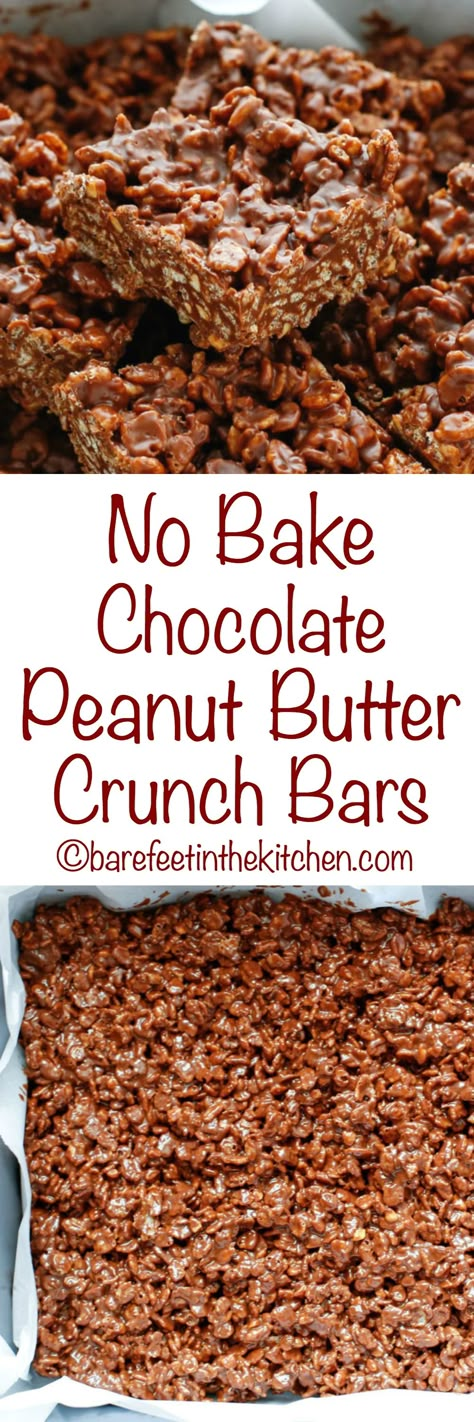 No Bake Chocolate Peanut Butter Crunch Bars - get the recipe at barefeetinthekitchen.com Chocolate Peanut Butter Crunch Bars, Peanut Butter Crunch Bars, Chocolate Crunch Bars, Crunch Bars Recipe, Cereal Bars Recipes, No Bake Chocolate Desserts, Butter Crunch, Chocolate Cereal, Peanut Butter Crunch