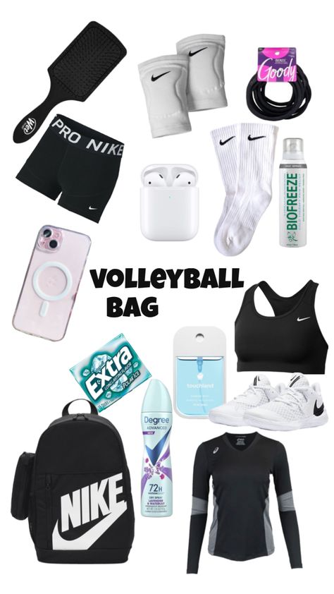 inspo for a volleyball bag for practices Must Haves For Volleyball, Volleyball Bag Checklist, Things To Have In Your Volleyball Bag, What To Pack For Volleyball Practice, Things You Need For Volleyball, What To Have In Your Volleyball Bag, What To Wear To Volleyball Practice, Volleyball Bag Essentials List, Volleyball Outfits Practice