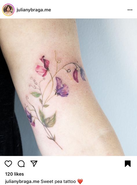 Tattoo Around The Arm, Pea Flower Tattoo, Sweet Pea Flower Tattoo, A Bird Tattoo, Pea Tattoo, Sweet Pea Tattoo, Brown Tattoo Ink, Brown Tattoo, Sweet Pea Flower