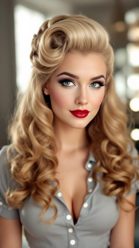 30+ Vintage Hairstyles for Long Hair You’ll Love 50s Hairstyles Wedding, Victory Roll Ponytail, Jazz Age Hairstyles, Barbie Curls Hairstyles, 20s Style Hair Long, Blonde Curls Hairstyles, Pinup Long Hair, 1950s Hairstyles Women, Cabaret Hairstyles Long Hair