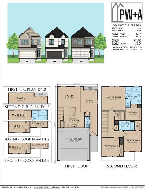 E8005_D1.1v7_COLORED Two Story Townhouse Floor Plans, 2 Bedroom Townhouse Floor Plans, Florida Townhouse, Infill Architecture, 3 Bedroom House Plans, Three Story House, Sims 4 House Ideas, Narrow Lot House Plans, Narrow Lot House