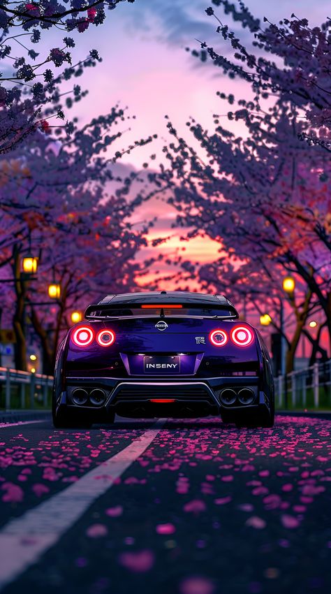 car, nissan, skyline, sakura, petals, road, dusk, headlights, art, ai (1622x2910) by ???ℯℯ? ℳℴ?ℯ??? ? Cool Wallpapers Cars, Skyline Gtr R35, Sakura Petals, Nissan Gtr Wallpapers, Nissan Gt R R35, Car Nissan, Dark Green Wallpaper, Cherry Blossom Wallpaper, Sports Car Wallpaper