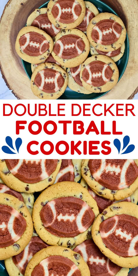 These Double Decker Football Cookies are super cute and so easy to make. They're my new favorite baking hack and essential for your football party this year. These Game Day cookies are a real winner! Gameday Food Football Dessert, Dallas Cowboys Snacks, Fall Football Desserts, Football Bake Sale Treats, Cute Super Bowl Desserts, Football Inspired Desserts, Football Game Day Desserts, Football Baked Goods, Football Sweet Treats