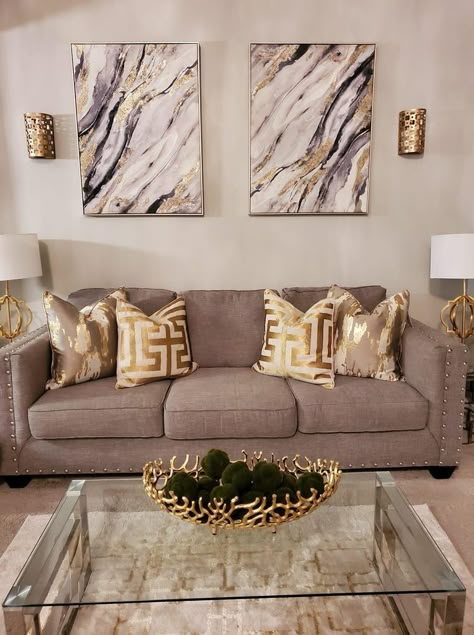 Tan And Gold Kitchen Ideas, Brown Gold White Living Room, Brown Gold Living Room Decor, Ivory And Gold Living Room, Brown And Gold Living Room Ideas, Living Room Decor Gold Accents, Gold And Brown Living Room, Champagne Living Room Ideas, Gray Black And Gold Living Room