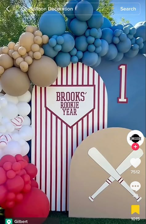 Baseball Party Backdrop Ideas, Roomie Of The Year First Birthday, Rookie Of The Year Birthday Party, Baseball Birthday Backdrop, Baseball Kids Party, Rookie Of The Year Backdrop, Rookie Of The Year First Birthday Decor, My Rookie Year First Birthday, First Birthday Rookie Year