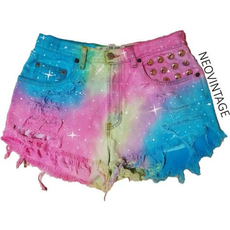 Colorful Rainbow Dyed Galaxy High Waisted Denim Shorts ($26) ❤ liked on Polyvore Pink Alternative Fashion, Rainbow Shorts, Galaxy Shorts, Colorful Shorts, Studded Shorts, Princesa Peach, High Waisted Denim Shorts, Diy Clothes And Shoes, Diy Shorts