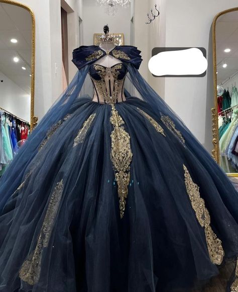 Blue And Gold Ballgown, Blue And Gold Princess Dress, Prom Dresses Blue And Gold, Quncie Dresses Navy Blue, Ball Room Dresses Gowns, Navy And Gold Quinceanera Dresses, Navy Blue Xv Dresses, Quinceanera Dresses Navy Blue And Gold, Sweet 16 Blue Dresses