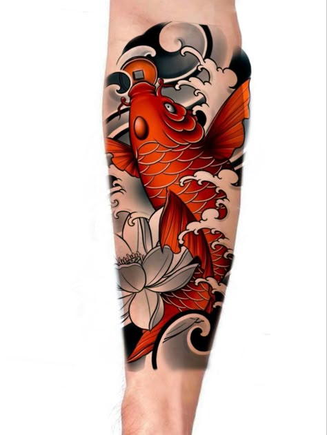 Koi Leg Tattoo Men, Forearm Koi Fish Tattoo Men, Kio Fish Tattoo Design, Japanese Tattoo Art Koi Fish, Koi Fish Tattoo Forearm For Men, Japan Fish Tattoo Design, Tattoo Ikan Koi, Koi Calf Tattoo, Tattoo Designs Men Forearm Half Sleeves