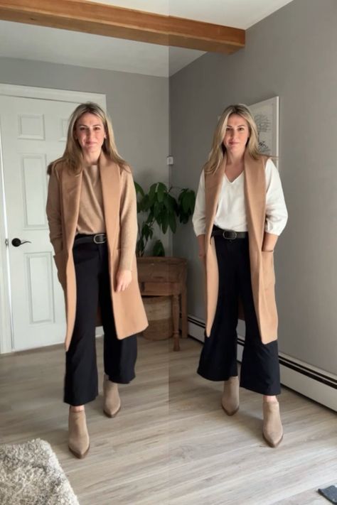 Black Wide Cropped Pants Outfit, Wide Leg Crop Pants With Ankle Boots, Gaucho Pants Outfit Winter, What Shoes To Wear With Wide Leg Cropped Pants, Wise Leg Pants Outfit, Black Cropped Wide Leg Pants Outfit, Wide Leg Ankle Pants Outfit, Shoes To Wear With Wide Leg Trousers, Capris With Boots