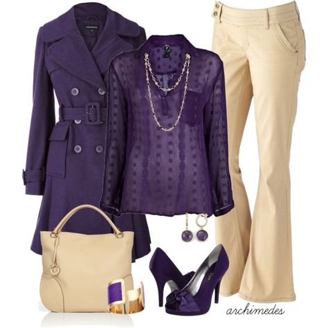 Beige and Purple.  This is not a color combo I would've thought of, but it seems to work! Dressy Pants Outfits, Purple Booties, Agatha Raisin, Pants Outfit Work, Purple And Beige, Purple Outfit, Beige Outfit, Dressy Pants, Career Wear