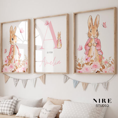 🐰 RABBIT WALL ART 🐰 Introduce the delightful realm of Peter Rabbit to your nursery! This personalised pink wall art adds whimsy and warmth, crafting a snug haven for your baby girl. With an endearing illustration starring Flopsy Rabbit and your little one's initial and birth date, it's a charming touch for their space. Personalized Nursery Art, Bunny Nursery Decor, Small Baby Room, Girly Nursery, Peter Rabbit Nursery, Bunny Wall Art, Nursery Floral, Personalised Wall Art