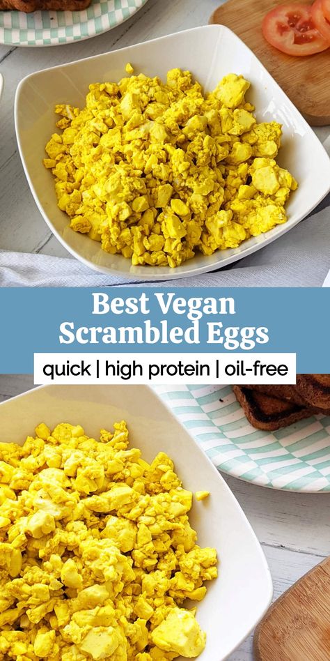 A bowl of yellow tofu scramble with text overlay "best vegan scrambled eggs." Breakfast Tofu Ideas, Silken Tofu Scrambled Eggs, Tofu Egg Scramble, Tofu Breakfast Recipes, Best Tofu Scramble, Tofu Scramble Breakfast, Vegan Scrambled Eggs, Breakfast Tofu, Scrambled Eggs Breakfast