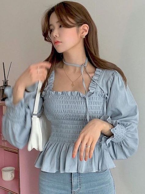 blue puff sleeve top for women trendy tops for women outfit aesthetic outfit inspo for women korean aesthetic Trendy Fashion Tops Long, Puff Sleeve Top Outfit, Puff Sleeves Tops, Crochet A Sweater, Puff Sleeves Top, Modest Girly Outfits, Women Chiffon Blouse, Stylish Tops For Women, Tailored Clothes